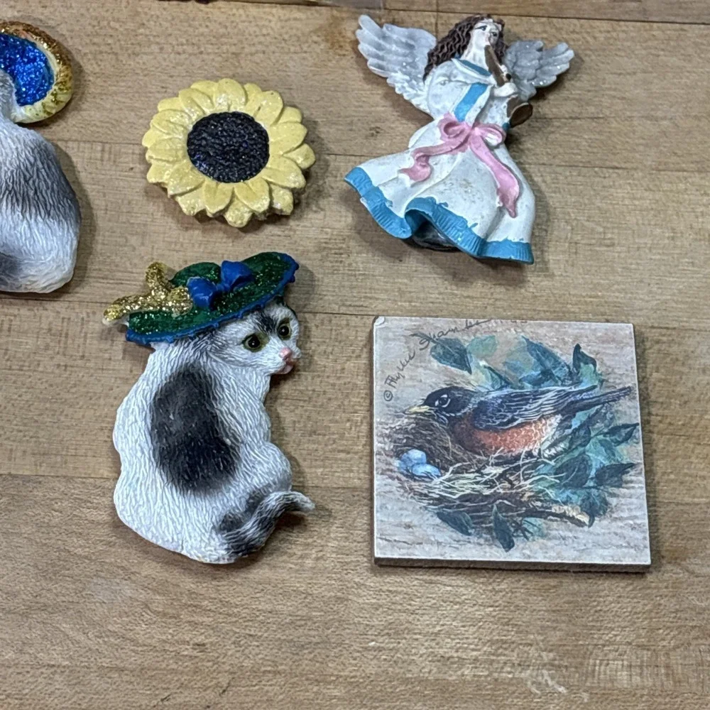 Lot of 16 Vintage Fridge Magnets MCM Farmhouse Cottagecore Owl Angel Cat Fish